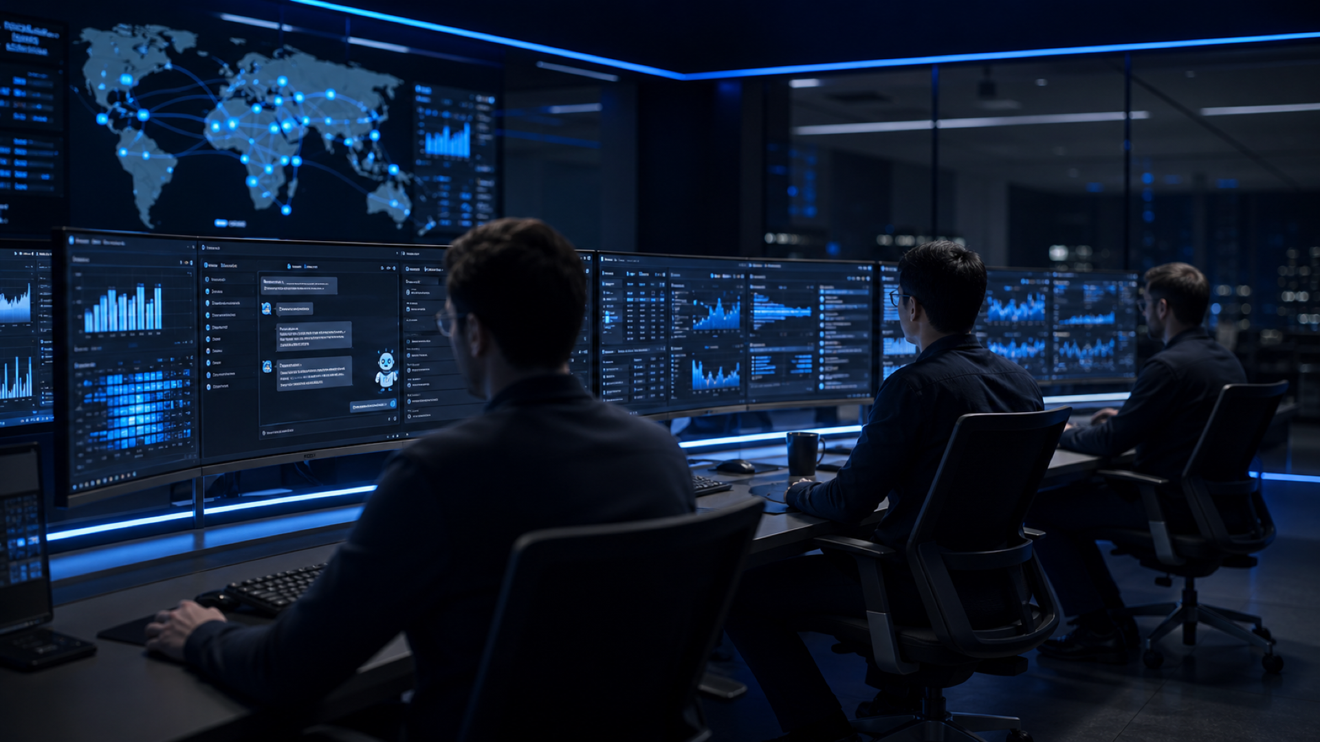Modern operations center with real-time analytics dashboards at night